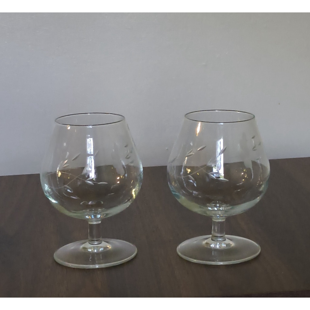 2 Princess House Heritage Collection Brandy Snifter‎ Blown Glass Etched Floral